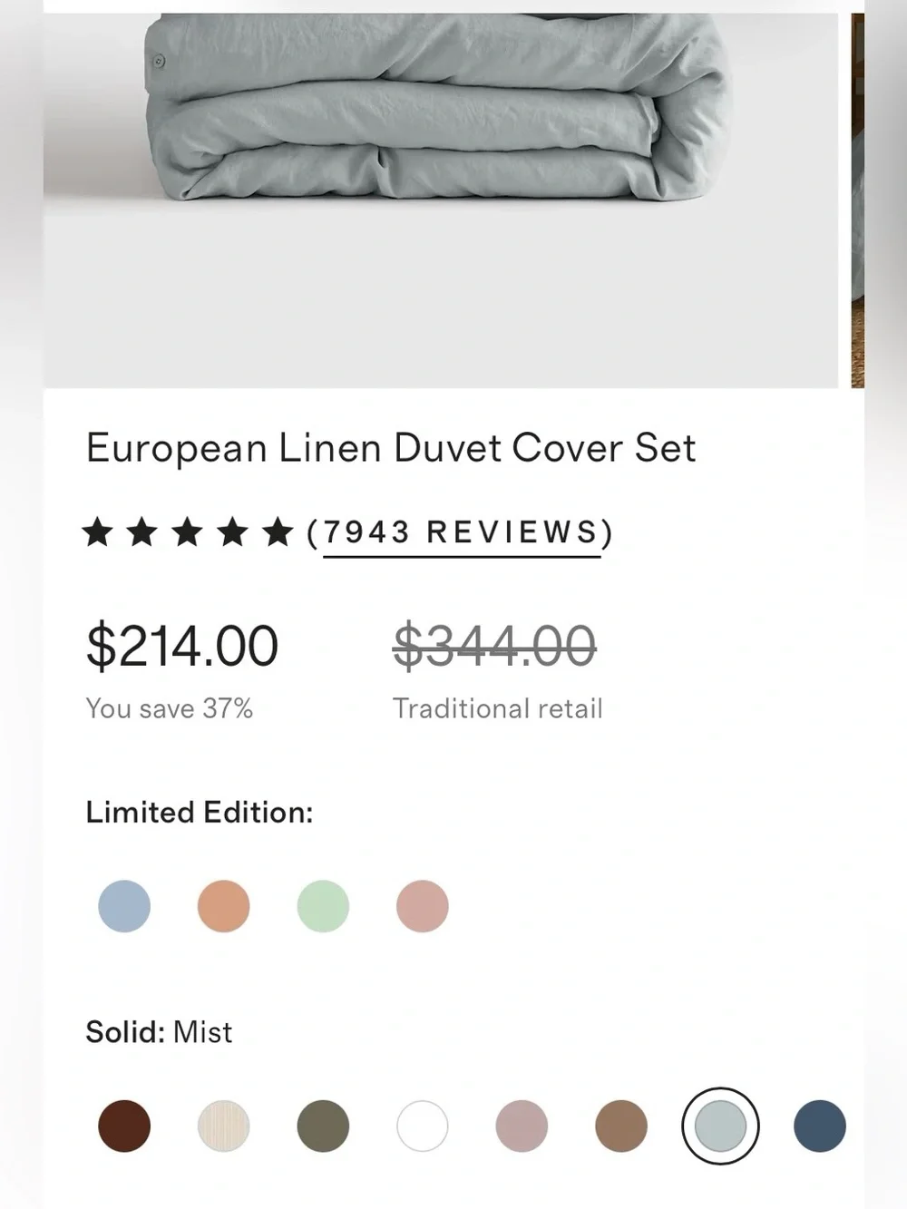 NWT Quince European Linen 3 Piece Duvet Cover Set, King/Cal King (Mist)